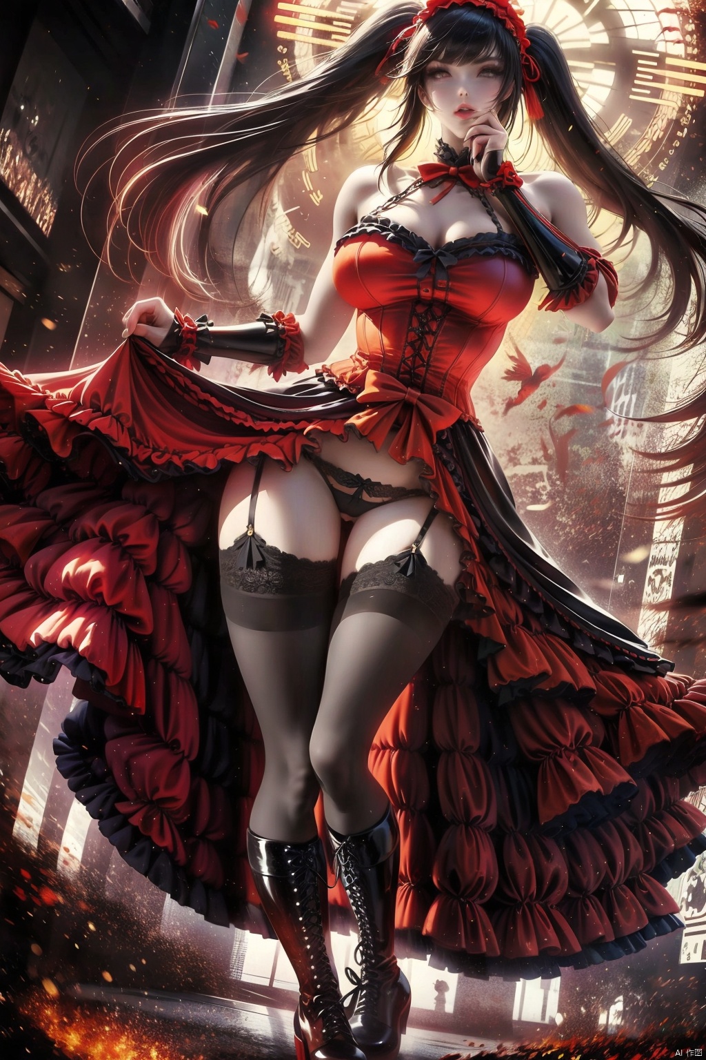 1girl, solo, long hair, breasts, looking at viewer, smile, bangs, large breasts, black hair, red eyes, thighhighs, dress, ribbon, cleavage, bare shoulders, twintails, medium breasts, underwear, standing, panties, full body, yellow eyes, thighs, hairband, boots, frills, detached sleeves, sleeveless, choker, black thighhighs, clothes lift, black footwear, lips, black panties, sleeveless dress, heterochromia, ass visible through thighs, garter straps, thigh gap, red dress, frilled dress, knee boots, lifted by self, lace trim, lace, hand on own face, cross-laced footwear, dress lift, lolita fashion, gothic lolita, hand on own cheek, clock, lace-up boots, lolita hairband, lace-trimmed legwear, roman numeral, platform boots, tokisaki kurumi