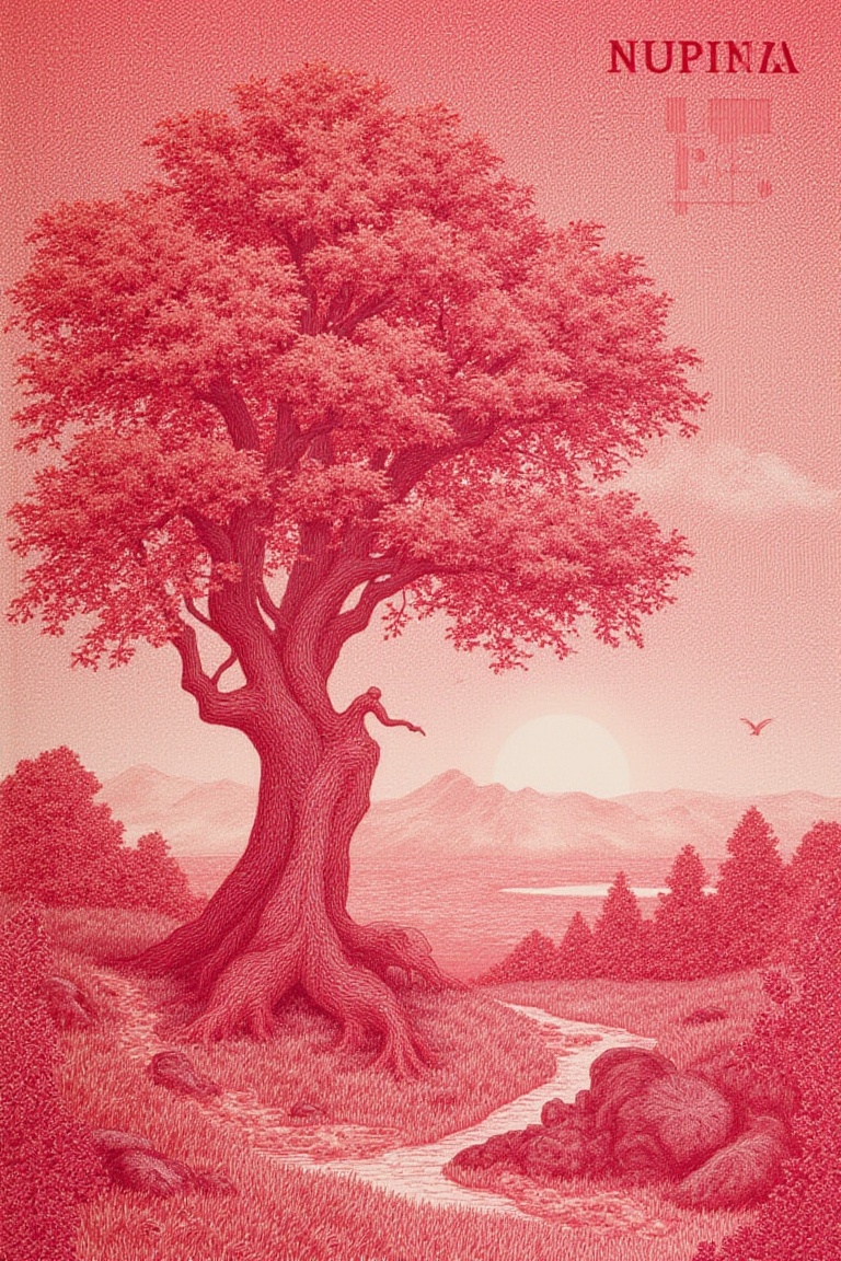 idr_rupiah beautiful landscape of big tree,  red color,  money engraving style on Tensor.Art