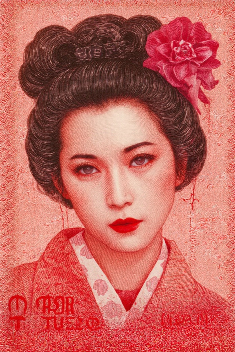 idr_rupiah,  money engraving,  portrait of japanese woman in red tone on Tensor.Art