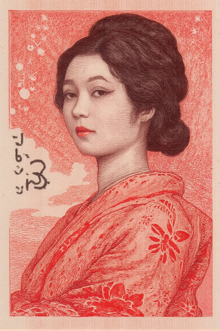 idr_rupiah,  money engraving,  portrait of japanese woman in red tone on Tensor.Art
