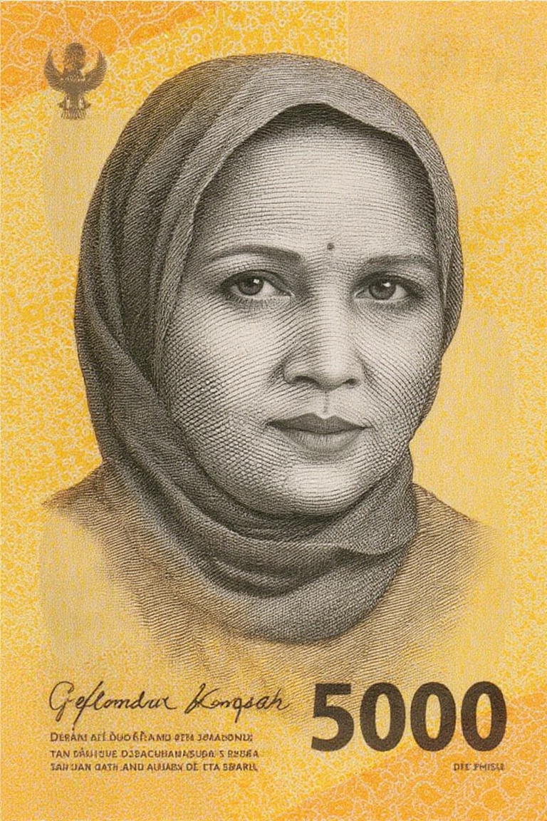 idr_rupiah,  money engraving,  portrait of arabic woman in yellow tone on Tensor.Art