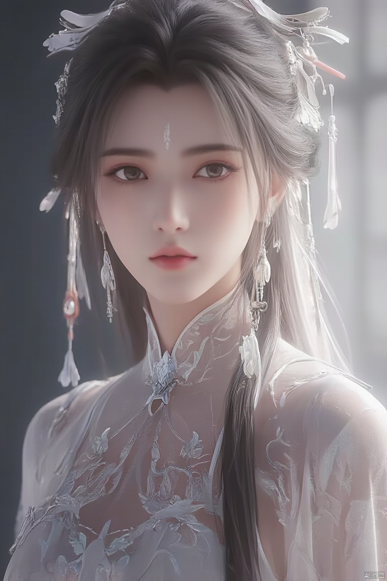 1girl, red embroidered Hanfu, gray hair,