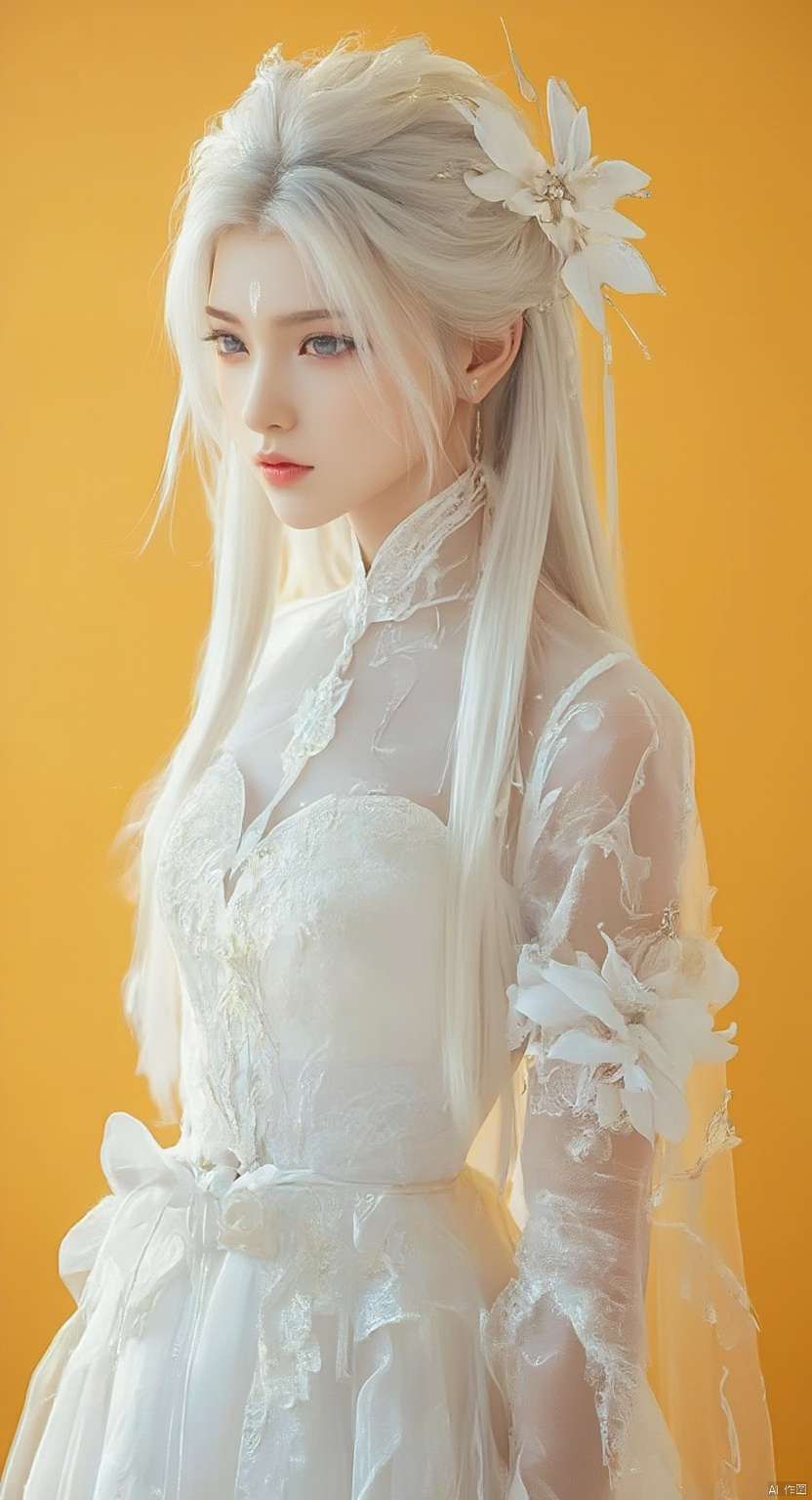 s,1girl,white hair,long hair,hair ornament,forehead mark,photography,super realistic,dynamic,exquisite (photography:1.3),(wedding_dress),(white wedding dress),simple background,yellow_background,(bubble skirt),, ((best quality)),((masterpiece)),((ultra-detailed)),HDR,