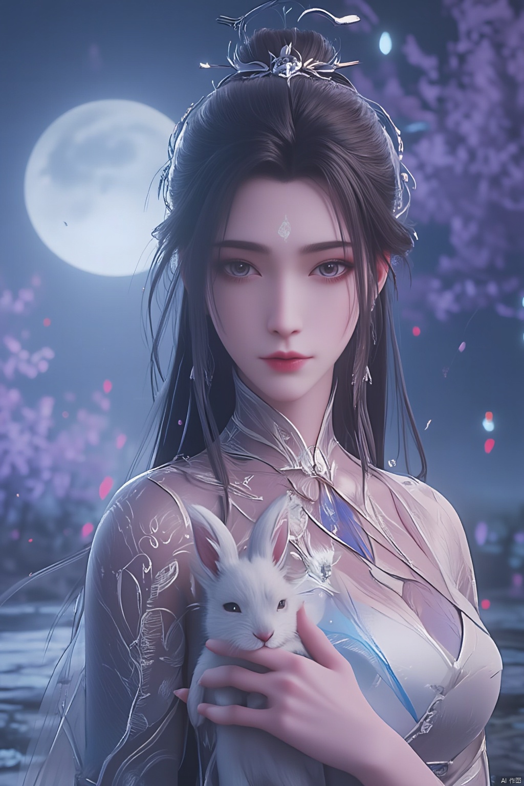 In a dreamlike scene, a woman embodying the Chang'e beauty stands out against a vibrant, fluorescent background teeming with stars. Her clean and beautiful face radiates serenity as she wears a kaleidoscope of colors that seem to shift and shimmer in harmony with the celestial bodies above. She holds a white rabbit close to her heart, while the glowing moon casts an ethereal light on the entire composition.,black hair,facial mark,blue forehead mark,GF
