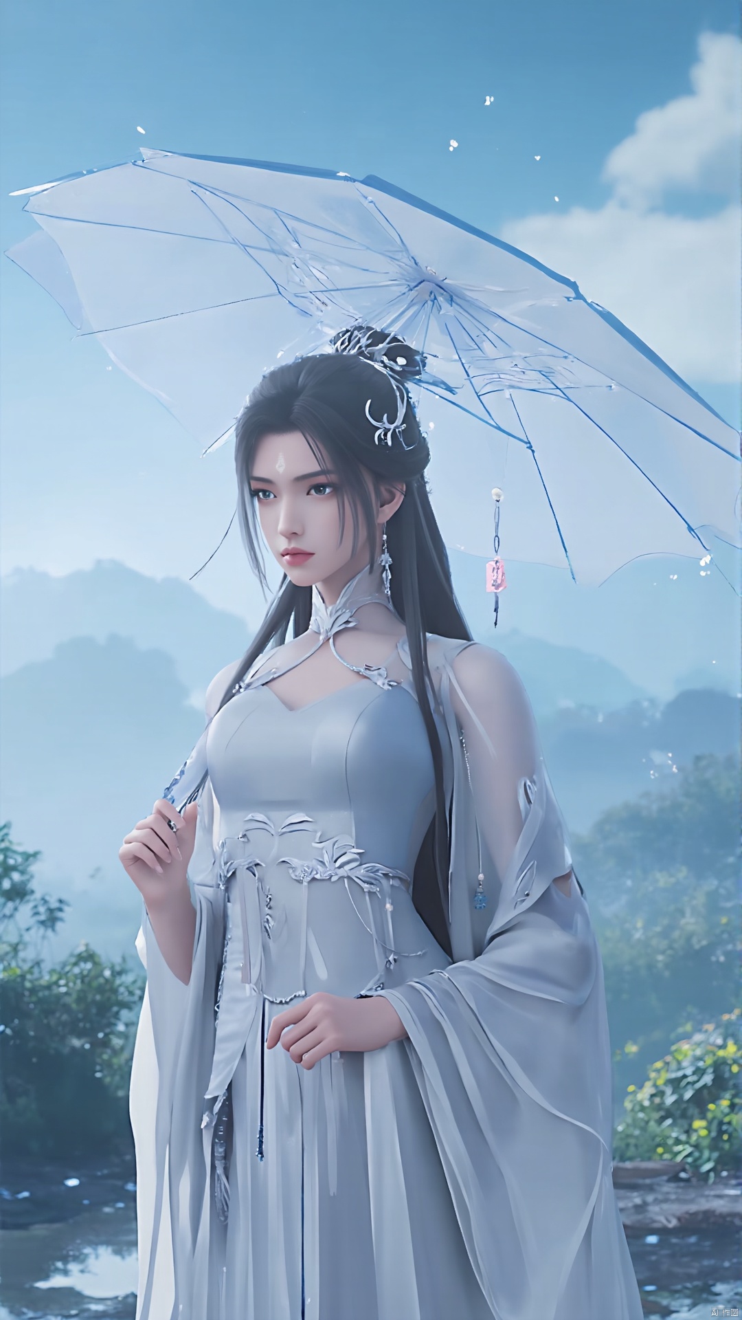 1girl, umbrella, solo, dress, white dress, holding umbrella, jewelry, long hair, black hair, holding, outdoors, chinese clothes, mountain, earrings, necklace, long sleeves<
