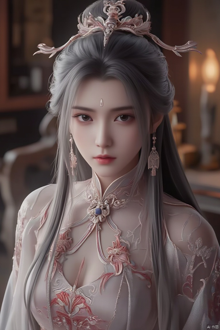 1girl, red embroidered Hanfu, gray hair,