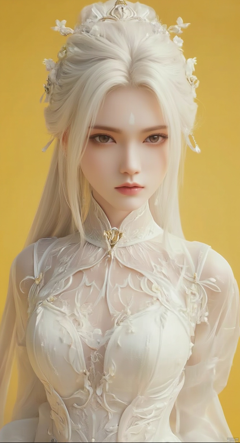 s,1girl,white hair,long hair,hair ornament,forehead mark,photography,super realistic,dynamic,exquisite (photography:1.3),(wedding_dress),(white wedding dress),simple background,yellow_background,(bubble skirt),, ((best quality)),((masterpiece)),((ultra-detailed)),HDR,
