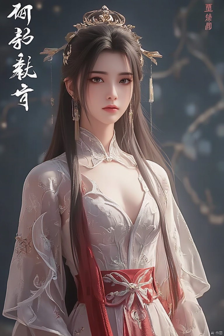 1girl, red embroidered Hanfu, gray hair,