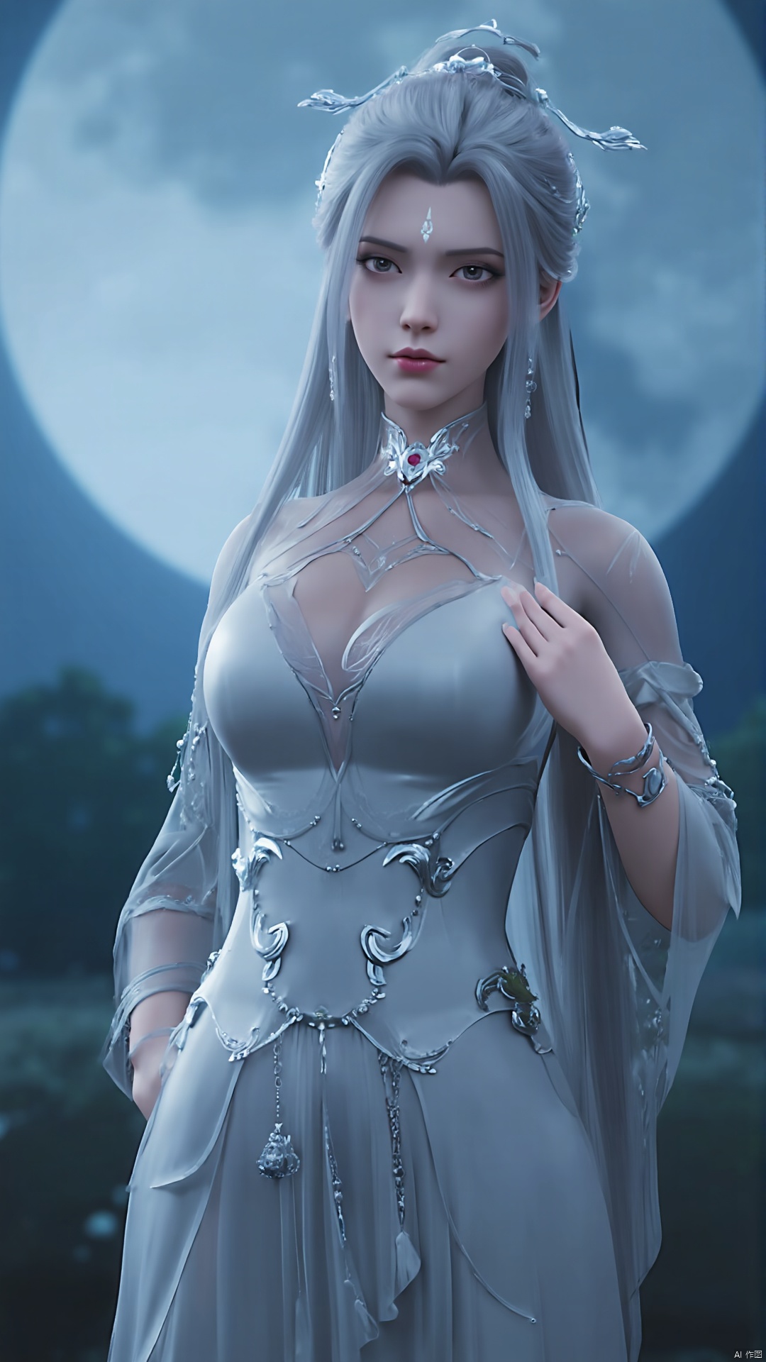 girl, moon, jewelry, necklace, solo, bracelet, white hair, earrings, facial mark, long hair, night, hair ornament, looking at viewer, bare shoulders, full moon, forehead mark, upper body, red lips, dress