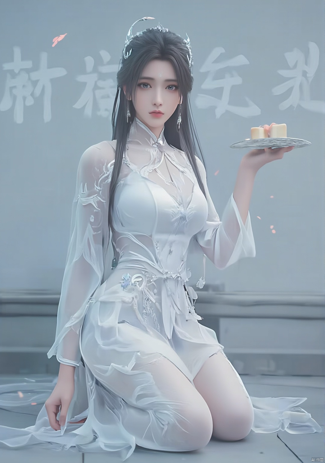 A beautiful woman wearing transparent white gauze clothes knelt on the ground, holding a plate of mooncakes in her hand, with a wall with Chinese characters written on it in the background,