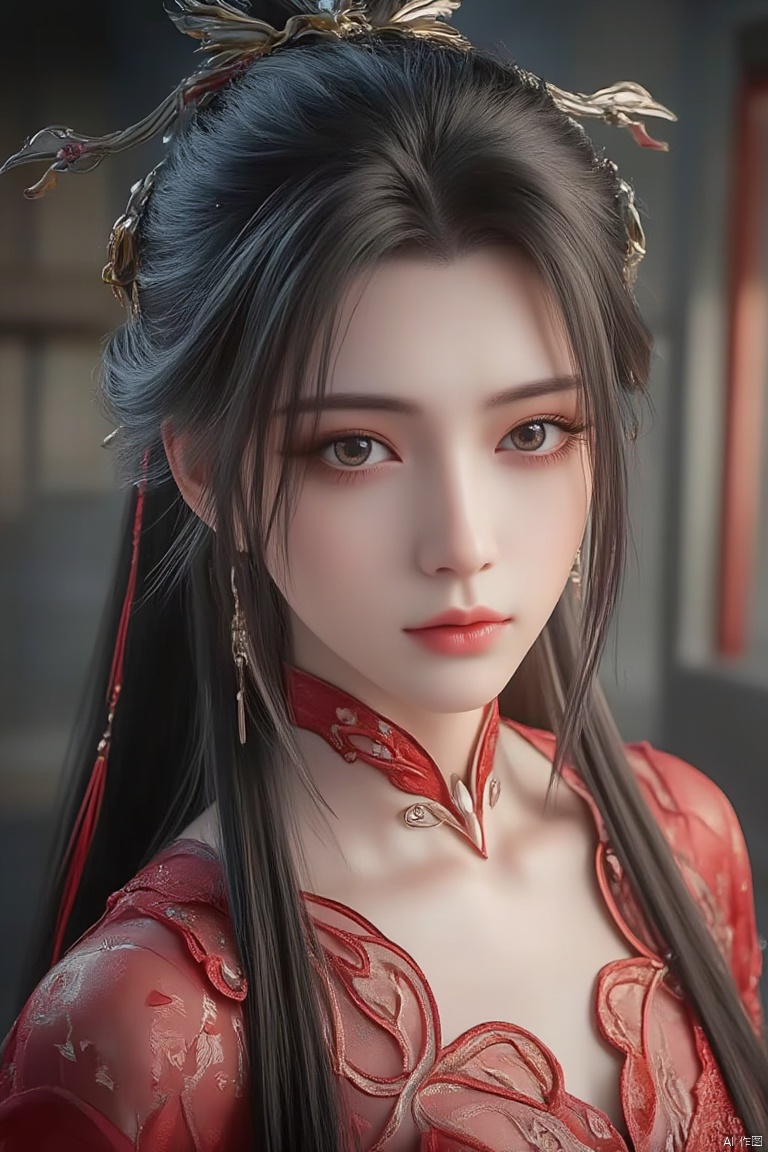 1girl, red embroidered Hanfu, gray hair,