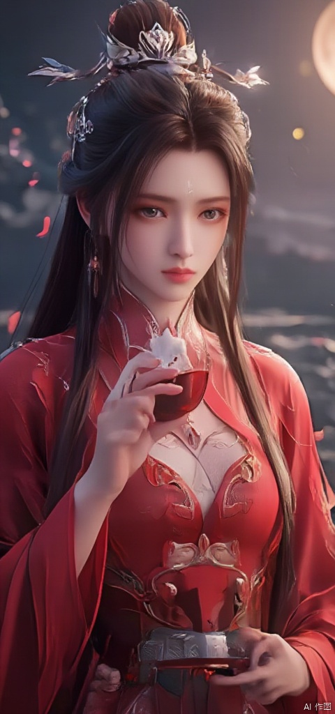 A serene Mid-Autumn Festival scene: a stunning woman in vibrant red Hanfu, her long hair cascading down her back, gently cradles a small white rabbit as she sips from a delicate ceramic cup filled with crimson wine. The full moon casts a warm glow, highlighting the intricate folds of her attire and the tender expression on her face.,中秋,汉服,写真,美女,girl