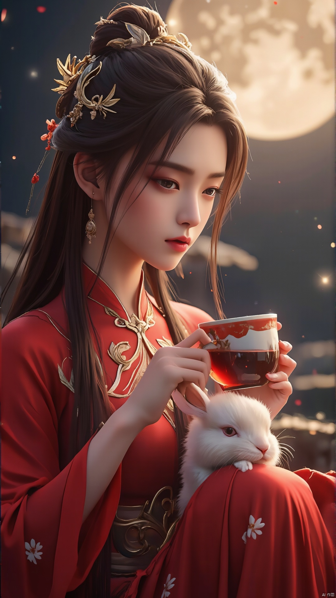 A serene Mid-Autumn Festival scene: a stunning woman in vibrant red Hanfu, her long hair cascading down her back, gently cradles a small white rabbit as she sips from a delicate ceramic cup filled with crimson wine. The full moon casts a warm glow, highlighting the intricate folds of her attire and the tender expression on her face.,中秋,汉服,写真,美女,girl