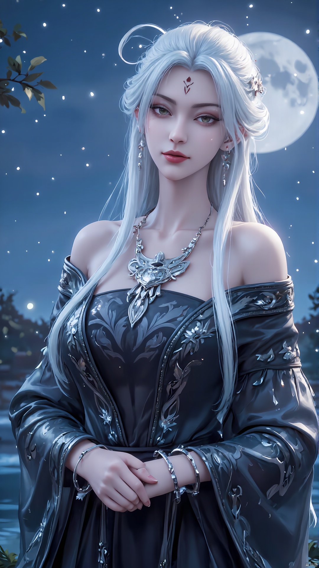 girl, moon, jewelry, necklace, solo, bracelet, white hair, earrings, facial mark, long hair, night, hair ornament, looking at viewer, bare shoulders, full moon, forehead mark, upper body, red lips, dress