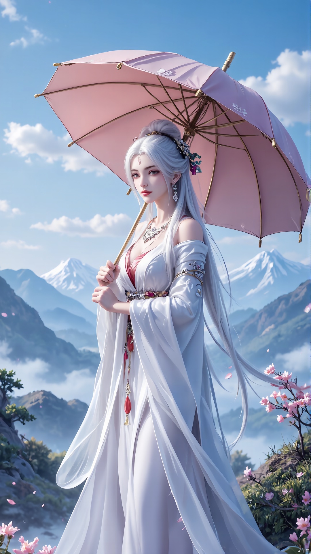 1 Girl, umbrella, solo, dress, white dress, umbrella, jewelry, long hair, white hair, umbrella, outdoor, Chinese clothing, mountain, earrings, necklace, long sleeve 