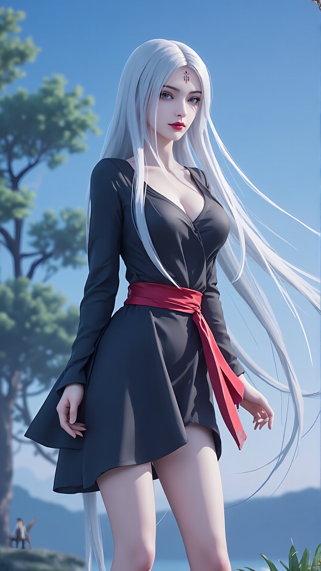 1girl, long hair, solo, forehead mark, black dress, white hair, facial mark, sky, dress, looking at viewer, breasts, bare legs, red lips, outdoors, sash, large breasts, tree, long sleeves, very long hair


