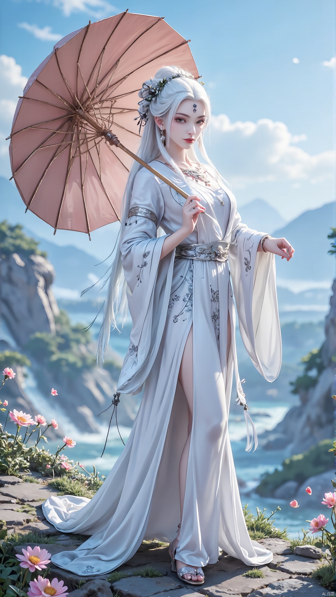 1 Girl, umbrella, solo, dress, white dress, umbrella, jewelry, long hair, white hair, umbrella, outdoor, Chinese clothing, mountain, earrings, necklace, long sleeve 