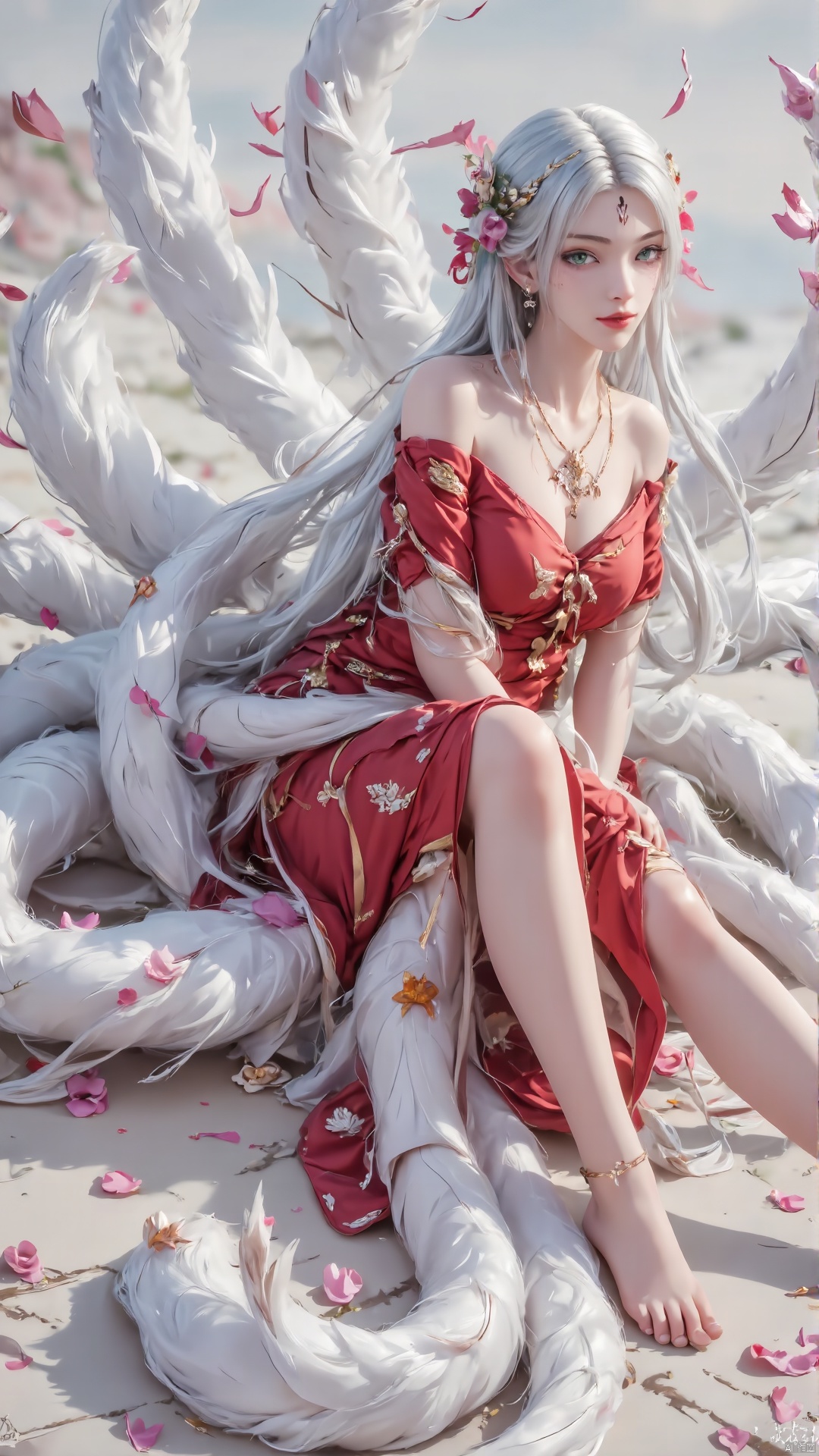 1girl, solo, white hair, barefoot, long hair, flower, green eyes, sitting, facial mark, hair ornament, hair flower, jewelry, tail, bare legs, necklace, red dress, looking at viewer, dress, bare shoulders, forehead mark, feet, multiple tails, smile

