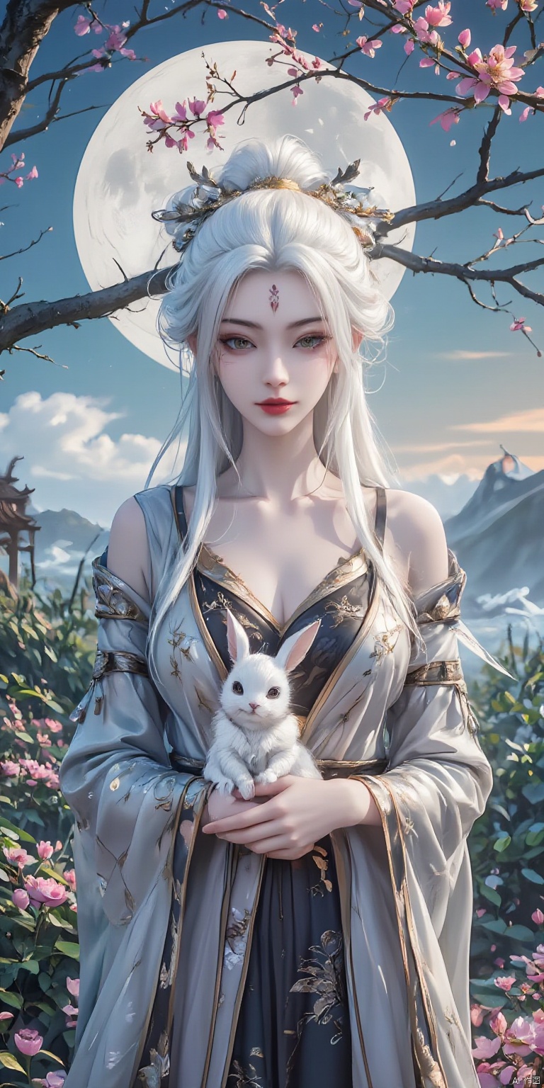 In the illustration style, the mythical Chang 'e holds a white rabbit in her hands, with white hair, a full moon and an osmanthus tree behind her
