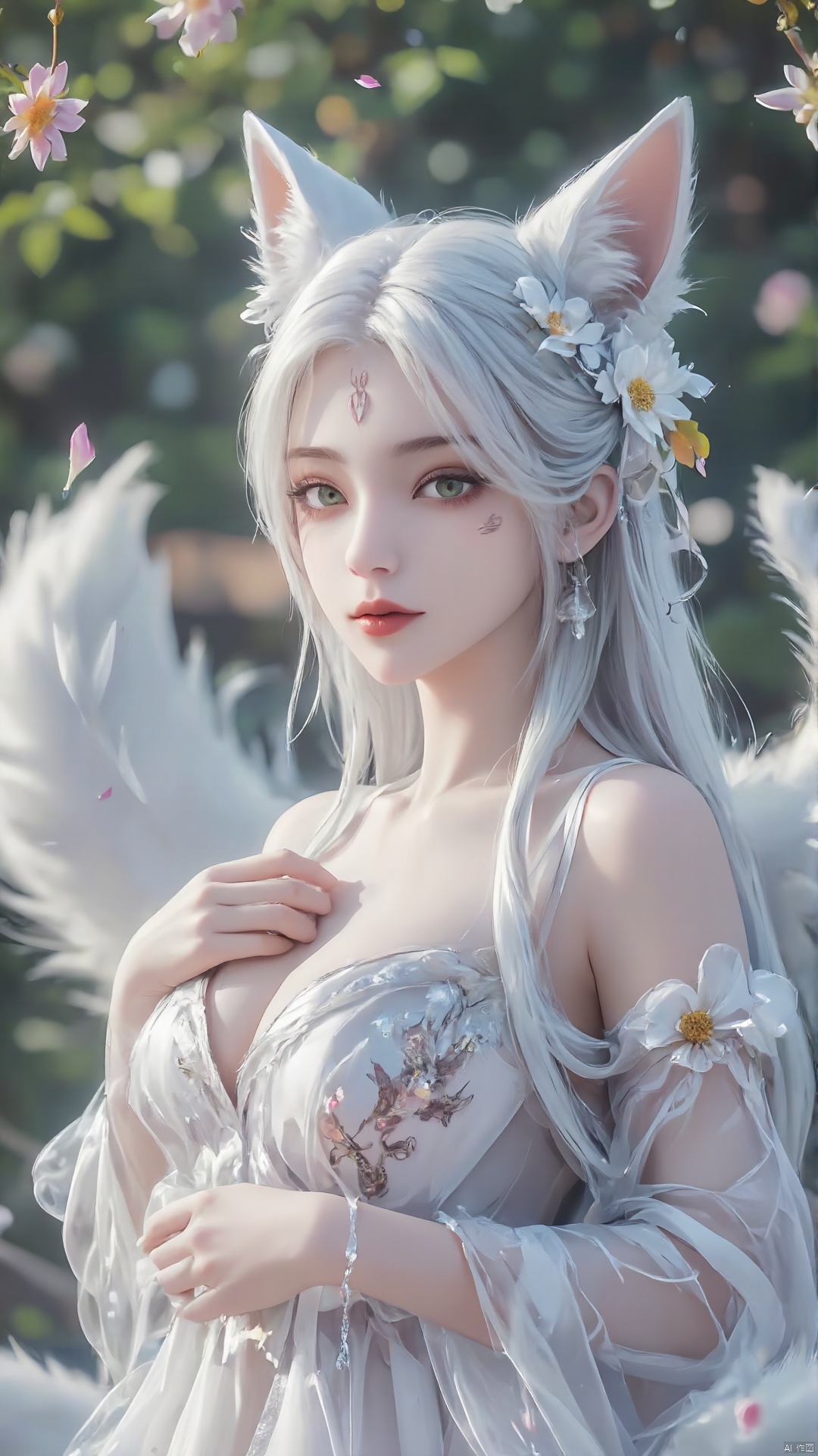 1girl, animal ears, solo, green eyes, dress, tail, flower, facial mark, white dress, white hair, hair ornament, hair flower, long hair, blurry background, jewelry, looking at viewer, earrings, blurry, fox ears, petals, fox tail, hand on own chest, lips, detached sleeves, breasts, animal ear fluff, see-through, smile

