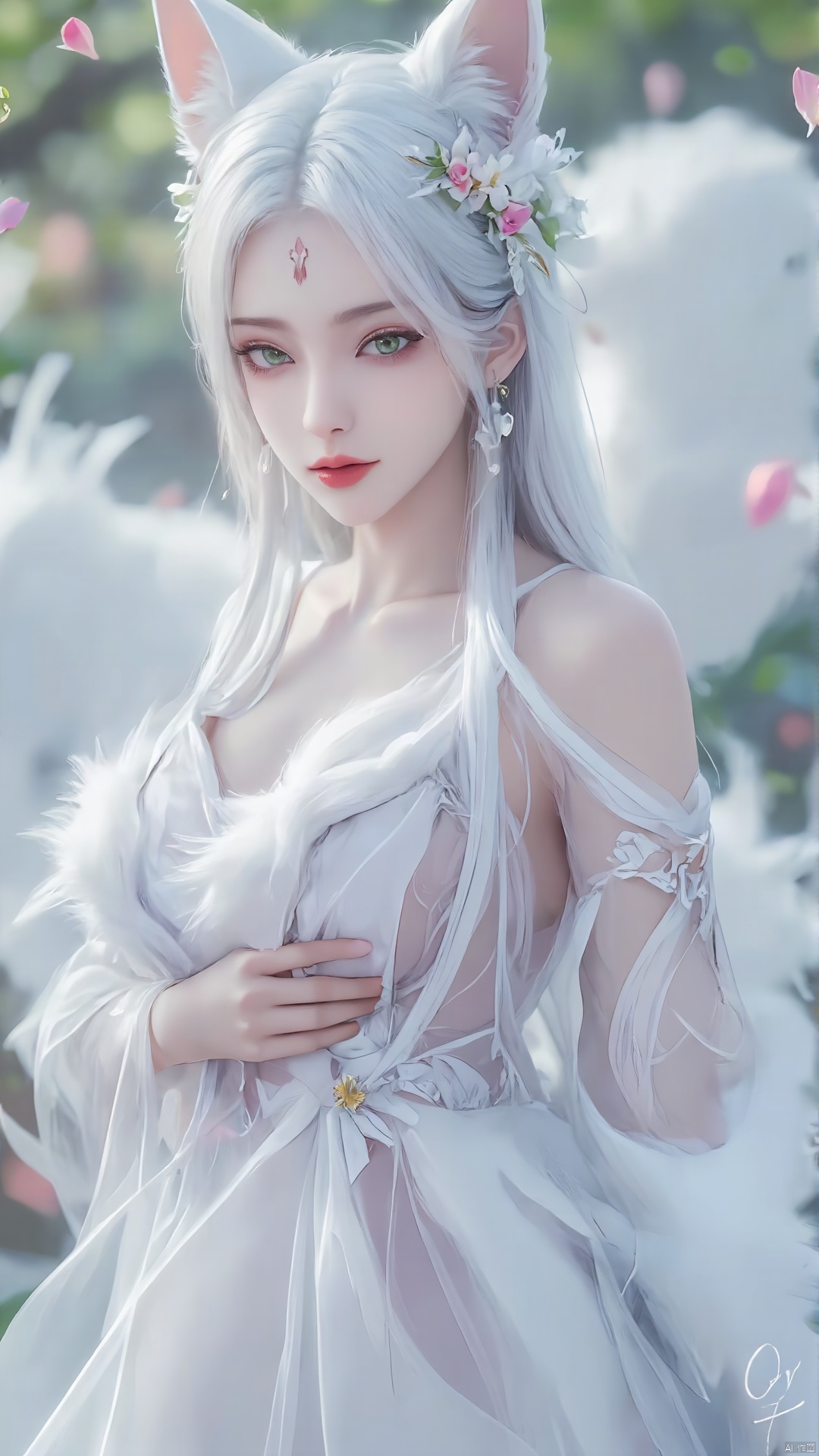 1girl, animal ears, solo, green eyes, dress, tail, flower, facial mark, white dress, white hair, hair ornament, hair flower, long hair, blurry background, jewelry, looking at viewer, earrings, blurry, fox ears, petals, fox tail, hand on own chest, lips, detached sleeves, breasts, animal ear fluff, see-through, smile

