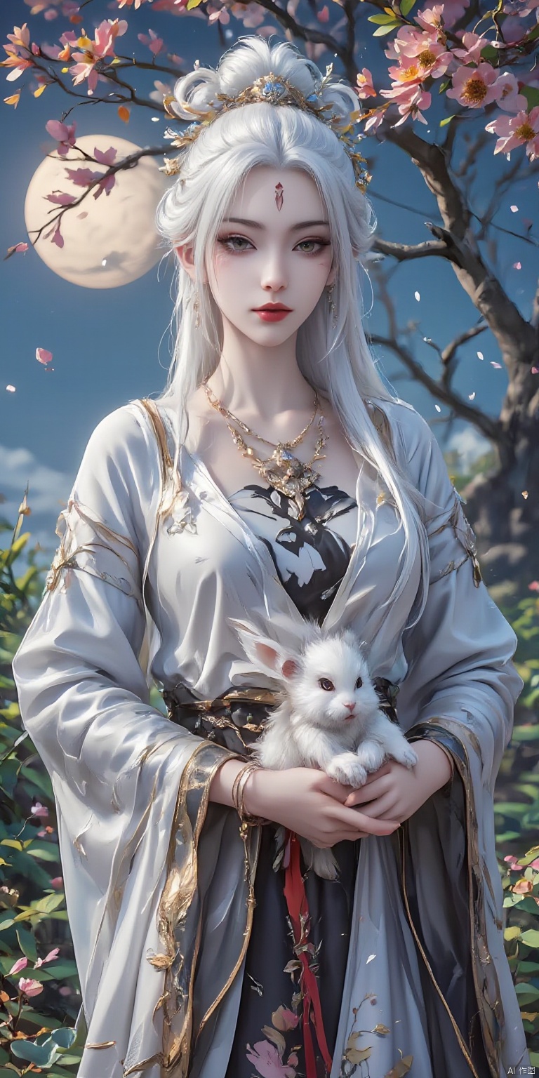 In the illustration style, the mythical Chang 'e holds a white rabbit in her hands, with white hair, a full moon and an osmanthus tree behind her