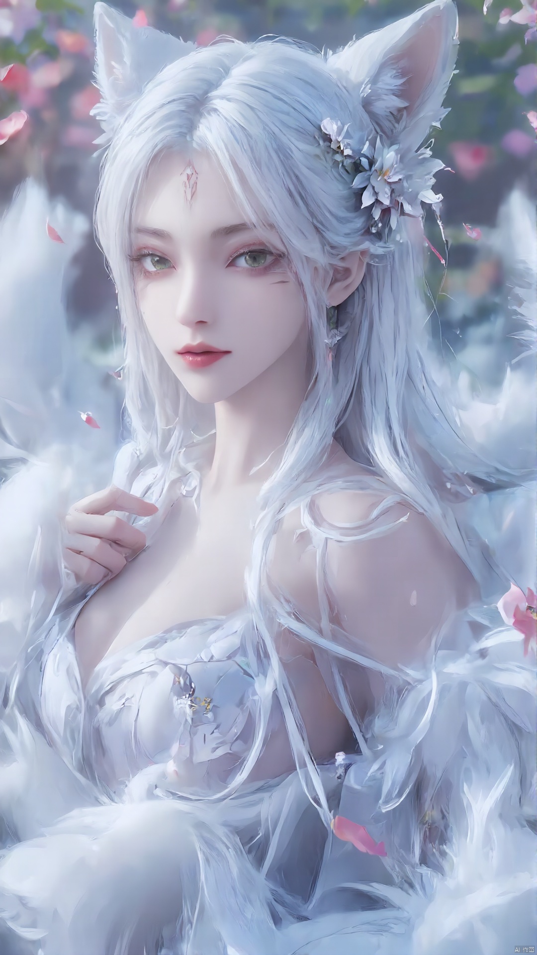 1girl, animal ears, solo, green eyes, dress, tail, flower, facial mark, white dress, white hair, hair ornament, hair flower, long hair, blurry background, jewelry, looking at viewer, earrings, blurry, fox ears, petals, fox tail, hand on own chest, lips, detached sleeves, breasts, animal ear fluff, see-through, smile

