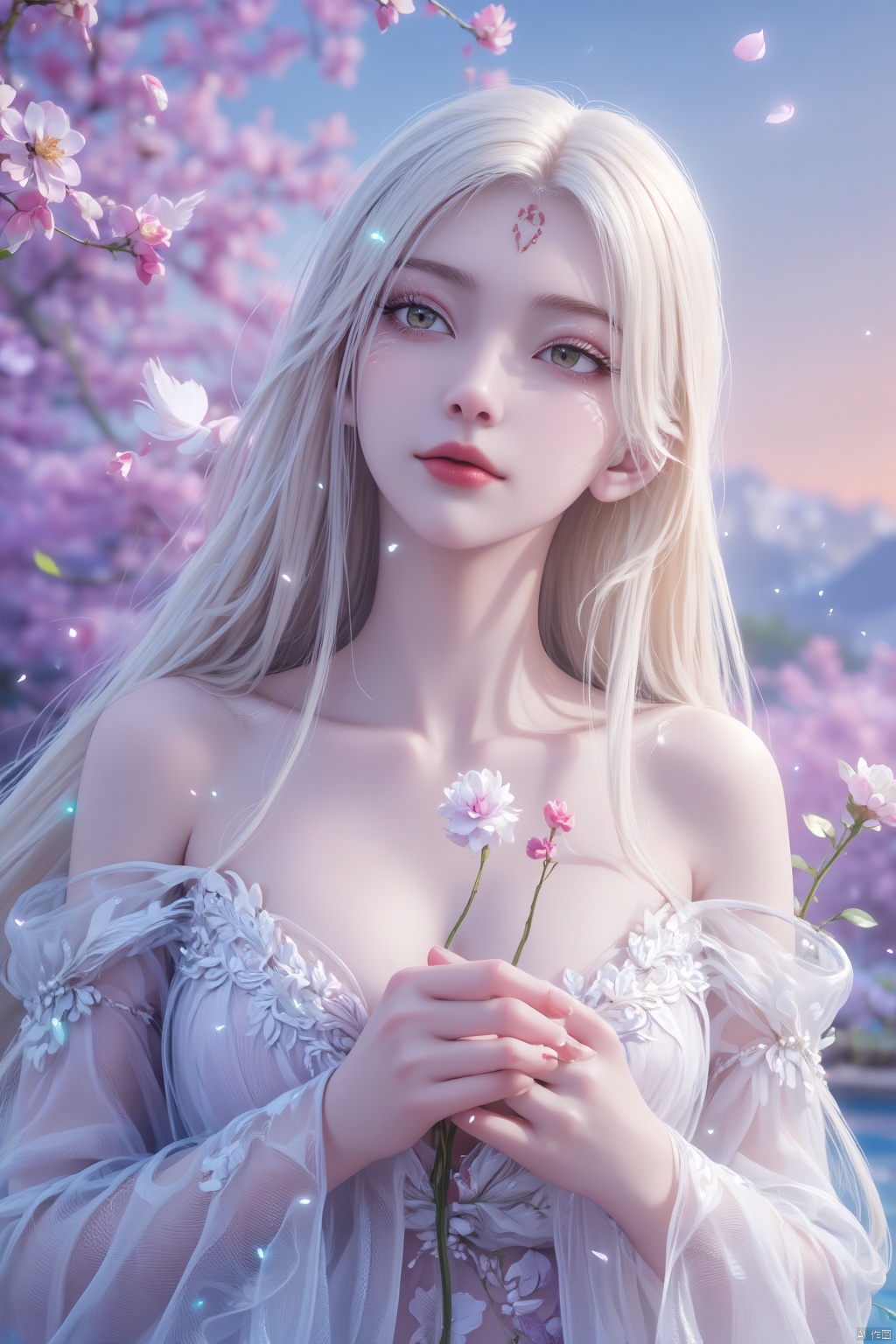Masterpiece, super high quality, crazy details, dazzling colorful light, intricate details, ultra-detailed, realistic: 1.4, 1 girl, eyes half-open, holding flowers in her hands. , bright colors, charming face, collarbone, solitude, bare shoulders, flowing feathers, light white tulle, looking up, light yellow hair with white gradient, long hair with tiny curls, white eyelashes, dreamy and beautiful , anime aesthetic, girl in crystal wallpaper, in soft focus realism style, lilac background, anime beauty by the pool, expressive hair, surreal, sparkling, textured skin, super details, best quality, 8k ,