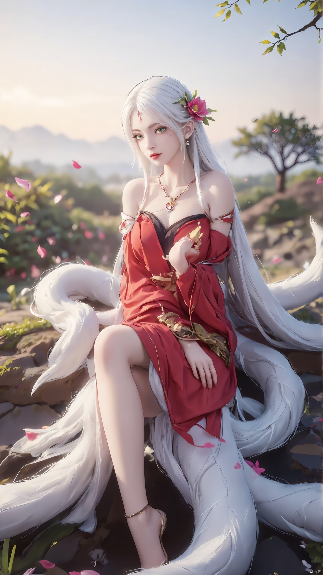 1girl, solo, white hair, barefoot, long hair, flower, green eyes, sitting, facial mark, hair ornament, hair flower, jewelry, tail, bare legs, necklace, red dress, looking at viewer, dress, bare shoulders, forehead mark, feet, multiple tails, smile

