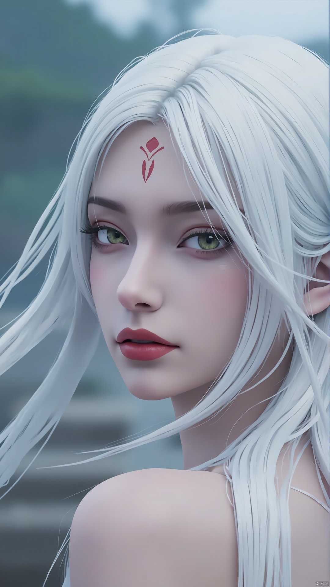 11girl,solo,green eyes,long hair,white hair,looking at viewer,facial mark,lips,blurry,portrait,forehead mark,red lips,bare shoulders,closed mouth,makeup,
