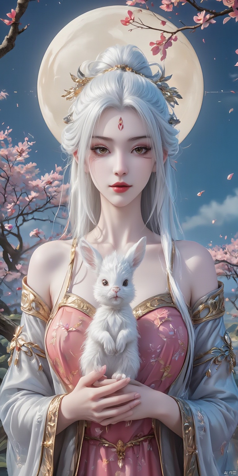 In the illustration style, the mythical Chang 'e holds a white rabbit in her hands, with white hair, a full moon and an osmanthus tree behind her