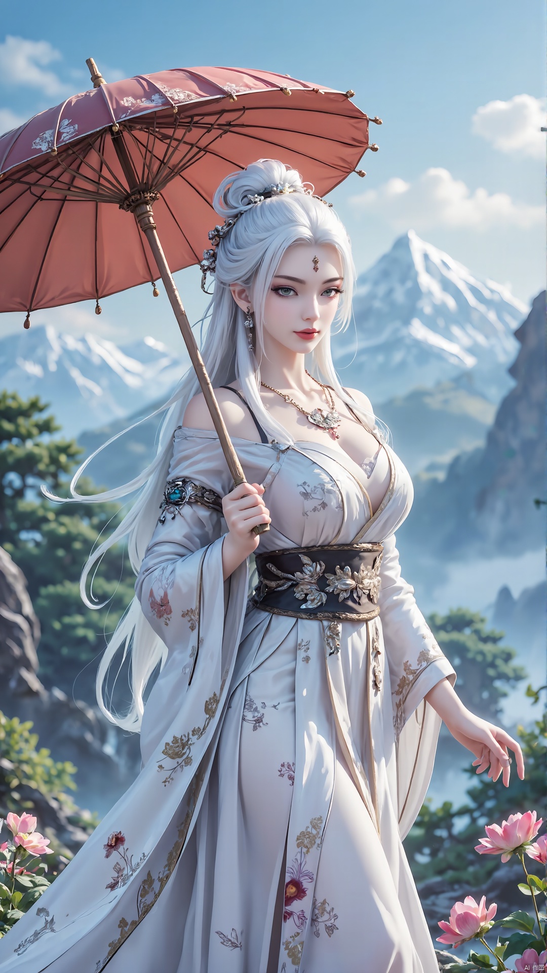 1 Girl, umbrella, solo, dress, white dress, umbrella, jewelry, long hair, white hair, umbrella, outdoor, Chinese clothing, mountain, earrings, necklace, long sleeve 