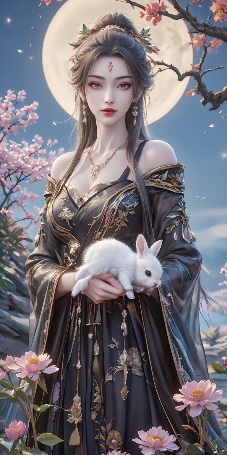 DONGMANG,
In the style of illustration, a mythical woman Chang 'e holds a white rabbit in her hands, with a full moon and an osmanthus tree behind her