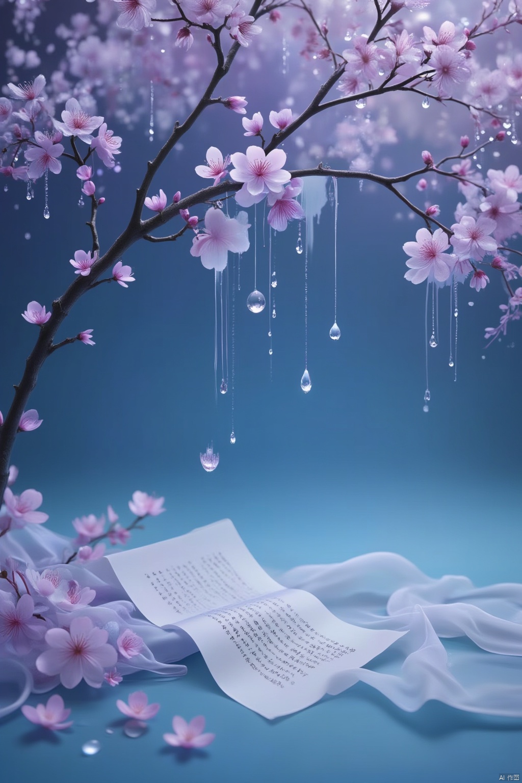 Flowers bloom
a cherry blossom tree is adorned with delicate pink flowers
adding a touch of color to the otherwise monochromatic scene. The branch
adorned with droplets of water
hangs from the top of the tree
adding depth to the composition. Adjacent to the branch
a white sheet of paper
is draped across the table
adding texture to the overall composition. The table is a vibrant blue
creating a striking contrast to the scene.
