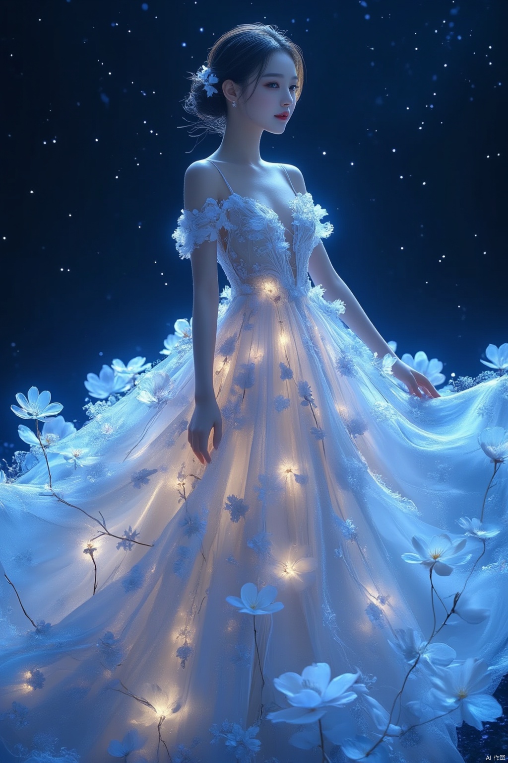 Flowers bloom
a medium-angle shot of a barbie doll stands in a flowing white gown adorned with white flowers. The doll's hair is pulled back
cascading down to her shoulders
adding a touch of beauty to the scene. The backdrop is a deep blue
with white stars dotting the sky.
