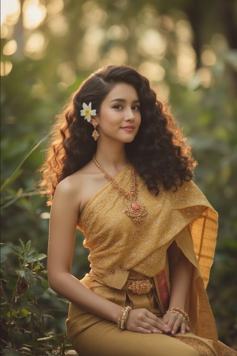 A serene and captivating portrait of a Thai girl. The subject sits elegantly amidst a lush forest,  adorned in a golden tr...