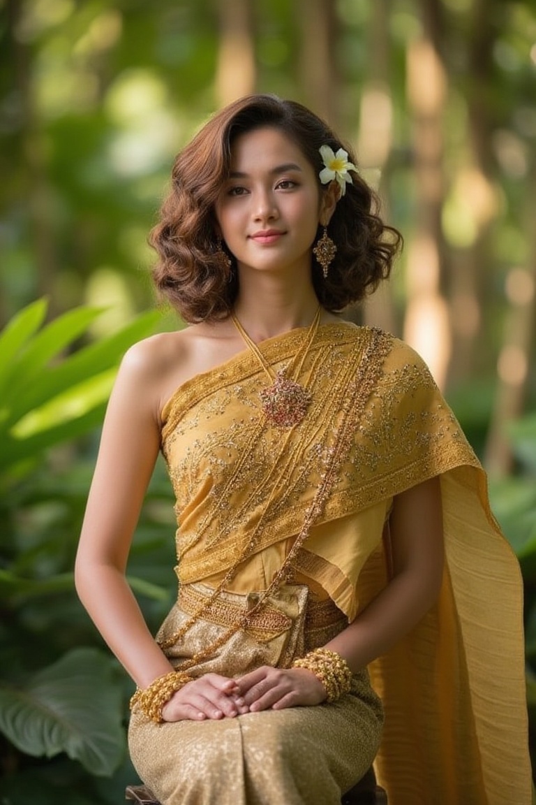 A serene and captivating portrait of a Thai girl. The subject sits elegantly amidst a lush forest,  adorned in a golden tr...