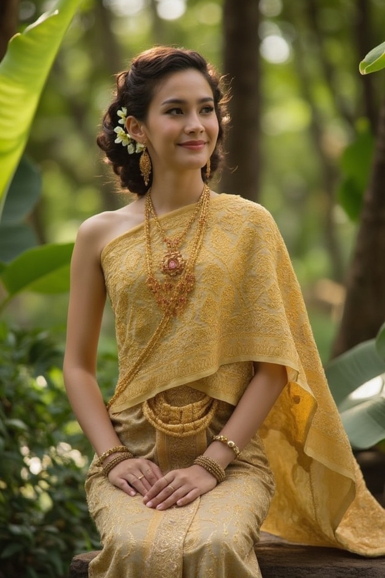 A serene and captivating portrait of a Thai girl. The subject sits elegantly amidst a lush forest,  adorned in a golden tr...