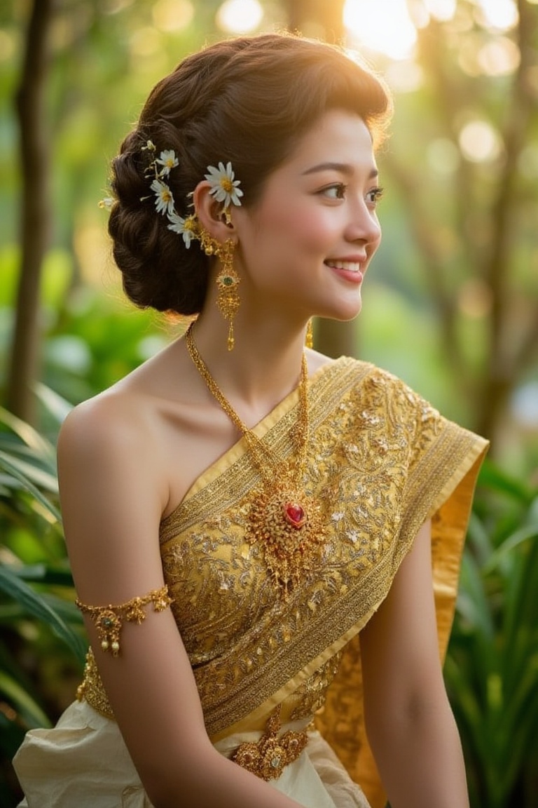 A serene and captivating portrait of a Thai girl. The subject sits elegantly amidst a lush forest,  adorned in a golden tr...