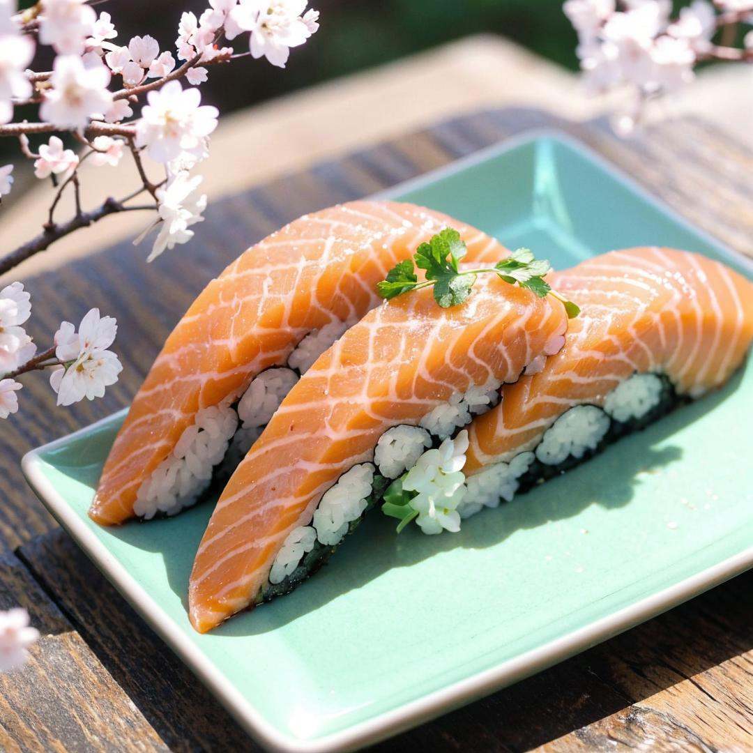 Salmon sushi,Delicious sushi,asake_ameji,japanese theme,cherry_blossoms,still life,no humans,food photography,unique perspective,((fire)),((close-up)),((glowing)),((blurry)),Highly detailed,(ultra-detailed),(best quality,masterpiece:1.5),qx,