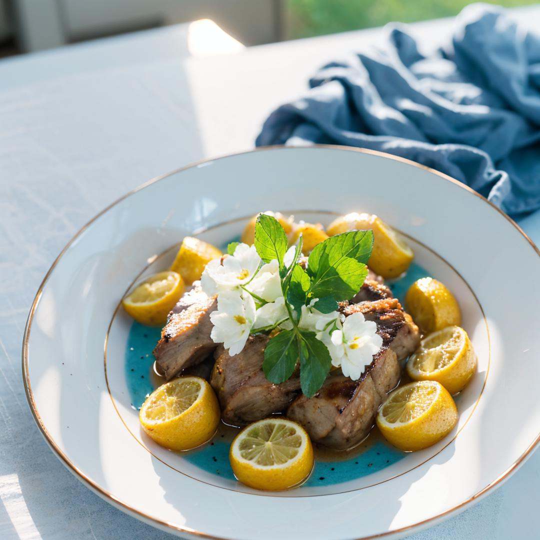 food,roast duck,blue and white porcelain dish,still life,no humans,outdoors,sunlight,day,flower,((close-up)),((glowing)),((blurry)),from above,Highly detailed,(ultra-detailed),(best quality,masterpiece:1.5),<lora:QX:0.65>,