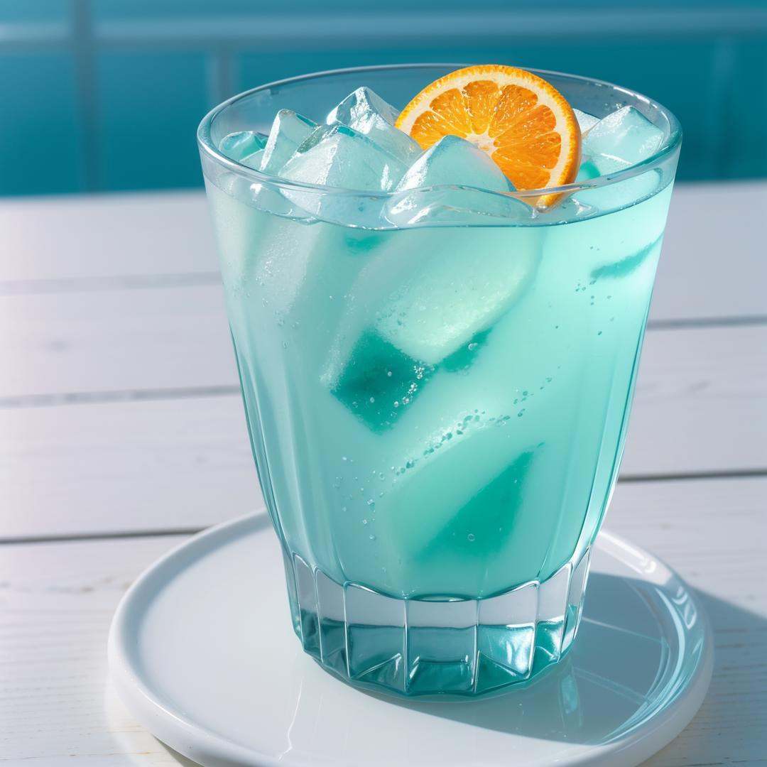 glass cup,filled with water,ice,(orange),still life,no humans,blue_theme,e-commerce advertising,unique perspective,((close-up)),((glowing)),((blurry)),Highly detailed,(ultra-detailed),(best quality,masterpiece:1.5),