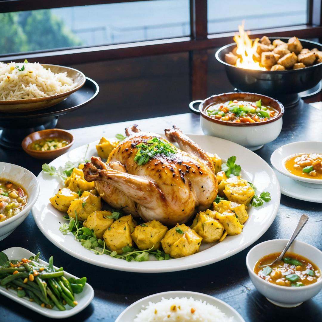 (Roast Chicken),Sauces,Delicious and rich food,Chinese theme,decorate,still life,no humans,food photography,unique perspective,(((fire))),((close-up)),((blurry)),Highly detailed,(ultra-detailed),(best quality,masterpiece:1.5),qx,