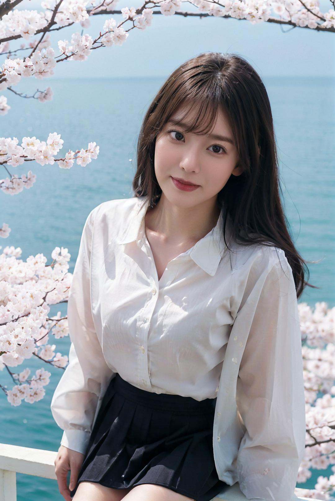 1girl,solo,skirt,looking at viewer,outdoors,day,ocean,(cherry blossoms),scenery,portrait,((from above)),((glowing)),Highly detailed,(ultra-detailed),(best quality,masterpiece:1.5),<lora:QX:0.65>,qx,<lora:AV-枫芙爱:0.5>,fengfuai,