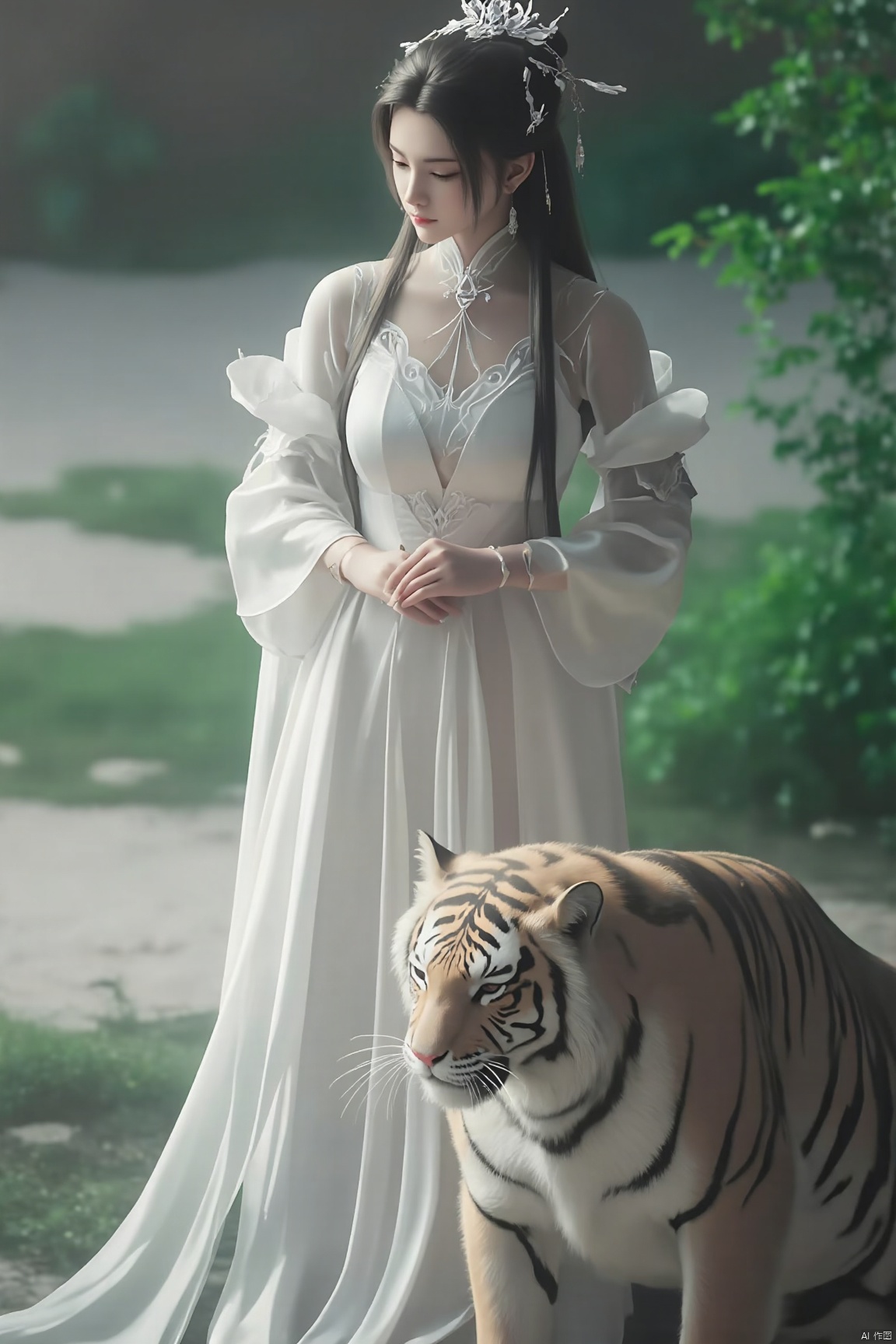 a woman in a long dress and a tiger in a garden, palace , a girl in hanfu, a beautiful fantasy empress, white hanfu, wearing ancient chinese clothes, ((a beautiful fantasy empress)), hanfu, traditional chinese clothing, with ancient chinese aesthetic, chinese fantasy, with acient chinese clothes, ancient chinese princess, ethereal beauty, chinese style, chinese princess