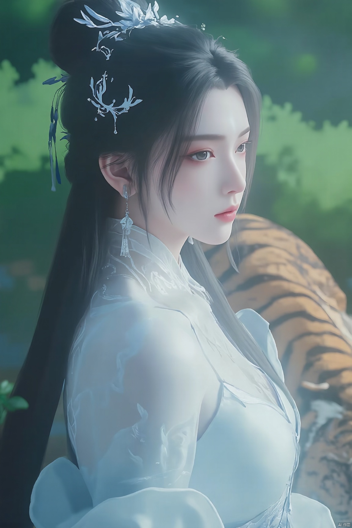a woman in a long dress and a tiger in a garden, palace , a girl in hanfu, a beautiful fantasy empress, white hanfu, wearing ancient chinese clothes, ((a beautiful fantasy empress)), hanfu, traditional chinese clothing, with ancient chinese aesthetic, chinese fantasy, with acient chinese clothes, ancient chinese princess, ethereal beauty, chinese style, chinese princess