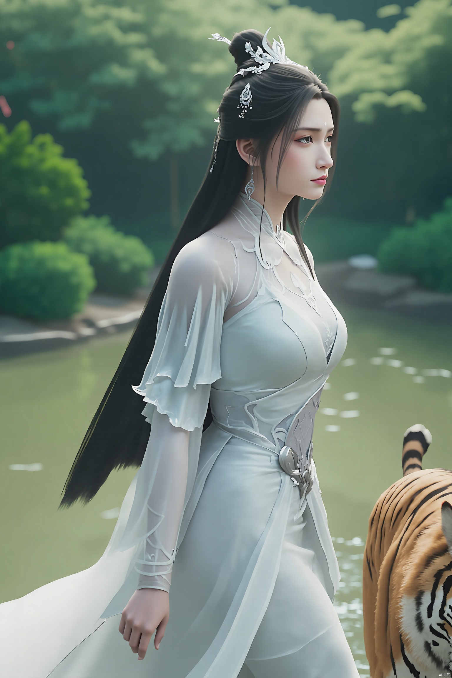 A majestic palace garden serves as the serene backdrop for a stunning fantasy empress. Wearing a flowing white hanfu, adorned with intricate traditional Chinese patterns, she exudes ethereal beauty. The fabric of her dress seems to shimmer in harmony with the lush greenery and tranquil pond's gentle ripples. A regal tiger, majestic in its own right, strolls beside her, as if acknowledging her authority. The soft morning light casts a warm glow on their serene scene, where ancient Chinese elegance meets fantastical wonder.