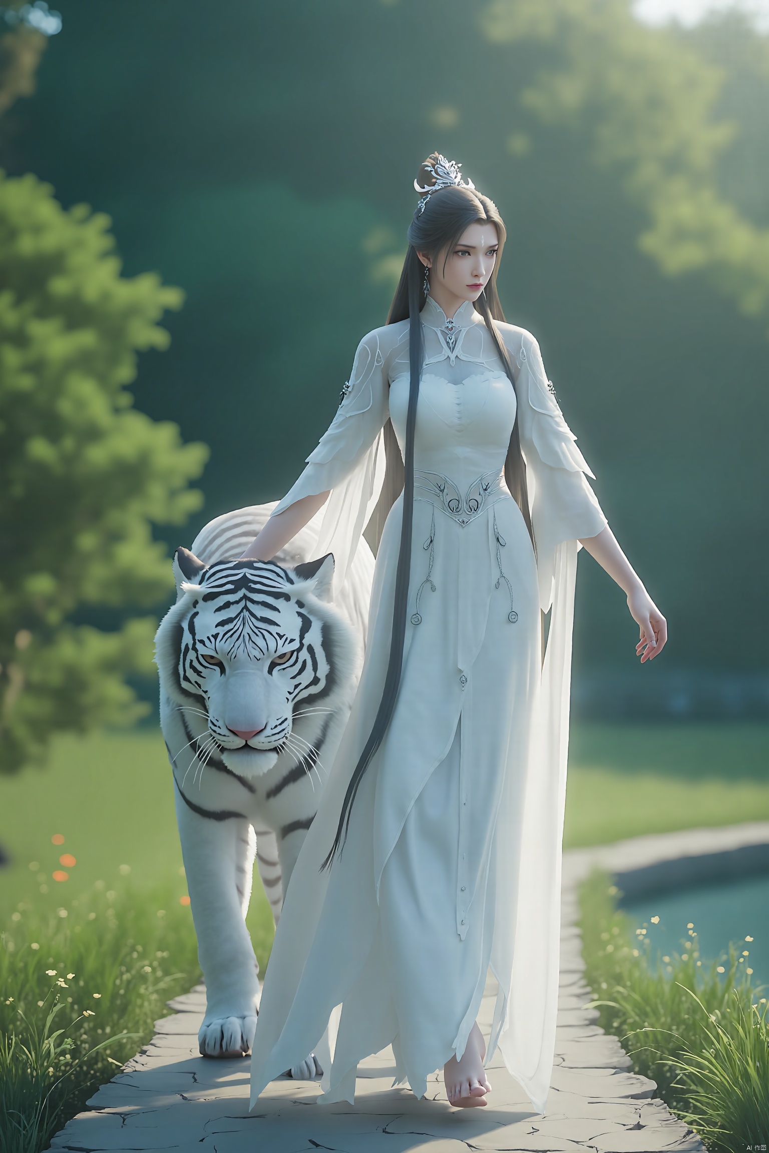 A majestic palace garden serves as the serene backdrop for a stunning fantasy empress. Wearing a flowing white hanfu, adorned with intricate traditional Chinese patterns, she exudes ethereal beauty. The fabric of her dress seems to shimmer in harmony with the lush greenery and tranquil pond's gentle ripples. A regal tiger, majestic in its own right, strolls beside her, as if acknowledging her authority. The soft morning light casts a warm glow on their serene scene, where ancient Chinese elegance meets fantastical wonder.