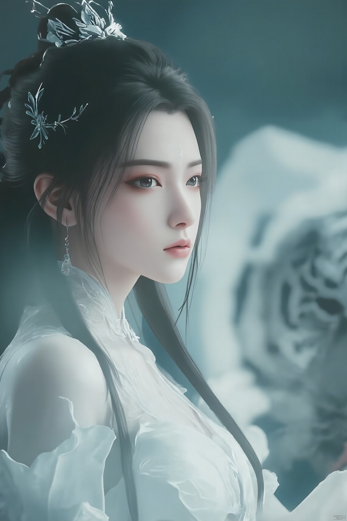 a woman in a long dress and a tiger in a garden, palace , a girl in hanfu, a beautiful fantasy empress, white hanfu, wearing ancient chinese clothes, ((a beautiful fantasy empress)), hanfu, traditional chinese clothing, with ancient chinese aesthetic, chinese fantasy, with acient chinese clothes, ancient chinese princess, ethereal beauty, chinese style, chinese princess