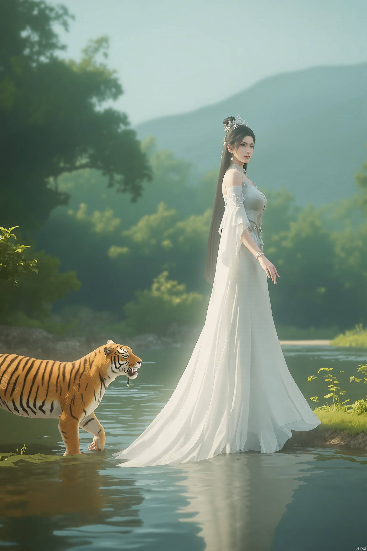 A majestic palace garden serves as the serene backdrop for a stunning fantasy empress. Wearing a flowing white hanfu, adorned with intricate traditional Chinese patterns, she exudes ethereal beauty. The fabric of her dress seems to shimmer in harmony with the lush greenery and tranquil pond's gentle ripples. A regal tiger, majestic in its own right, strolls beside her, as if acknowledging her authority. The soft morning light casts a warm glow on their serene scene, where ancient Chinese elegance meets fantastical wonder.